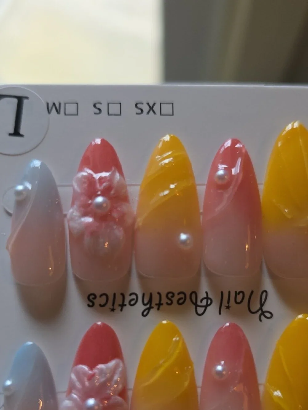 Yellow Pink Ombre Press-On Nail Set with 3D Floral Accents Size Large